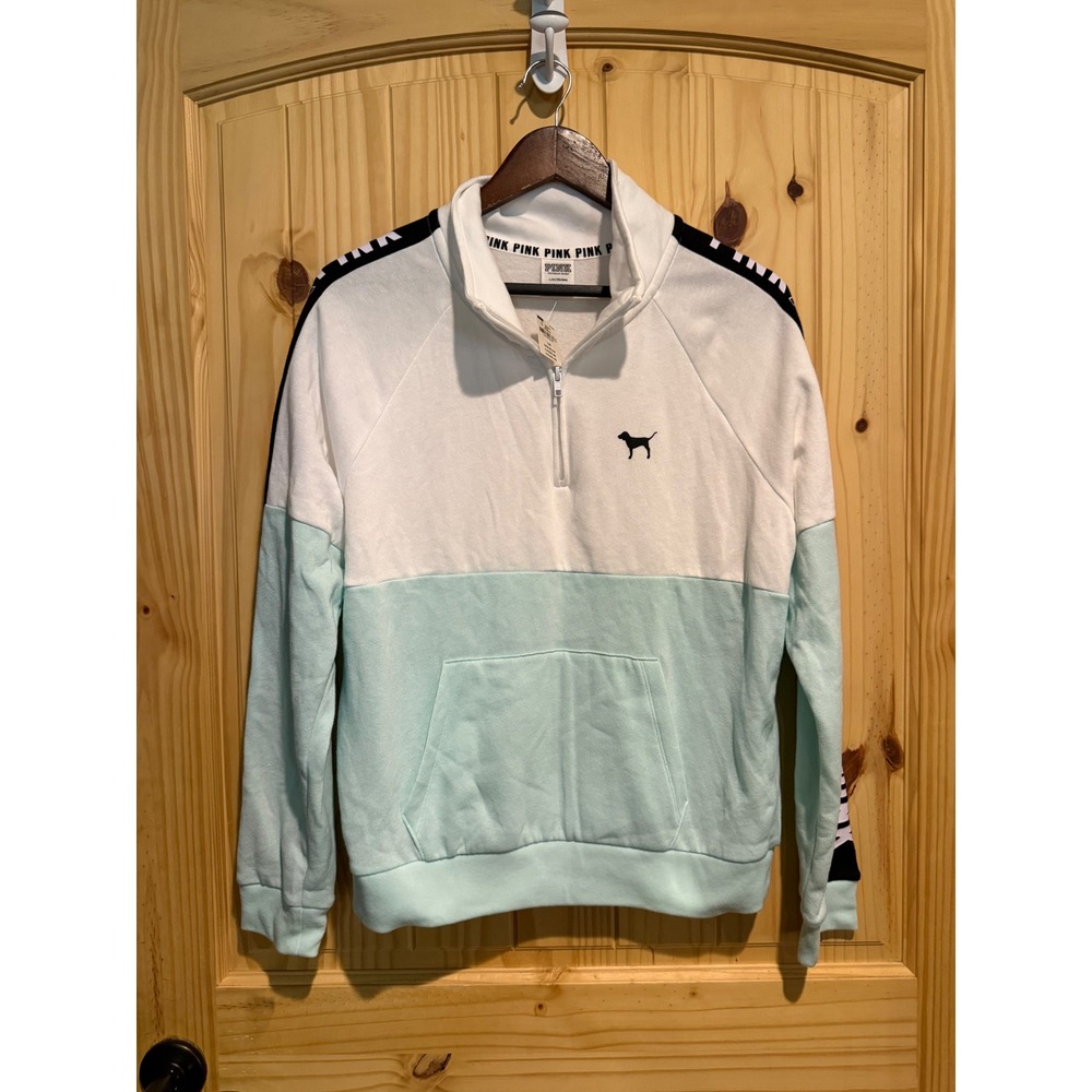 Pink Victoria's Secret Quarter Zip Pullover Sweatshirt Mint White Logo Large NWT